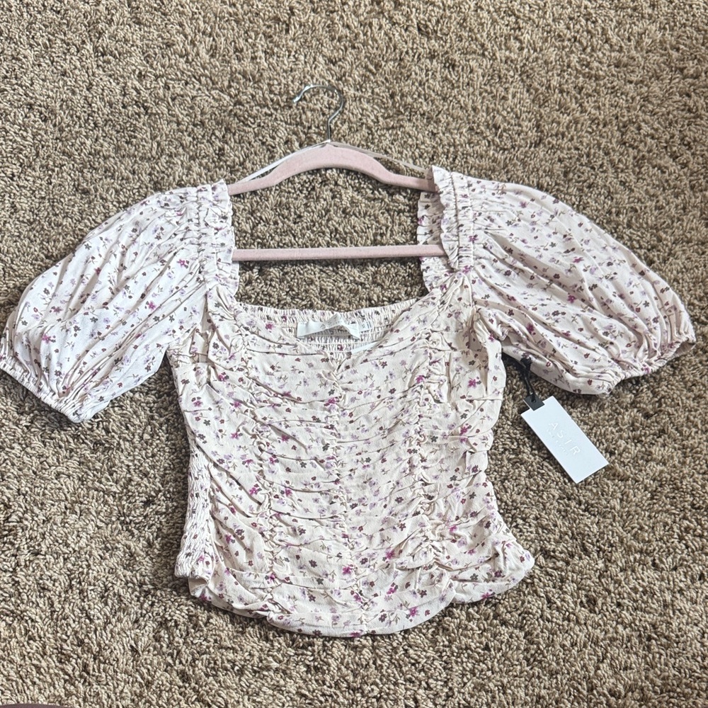 Astr Floral Ruched Blouse with Puff Sleeves